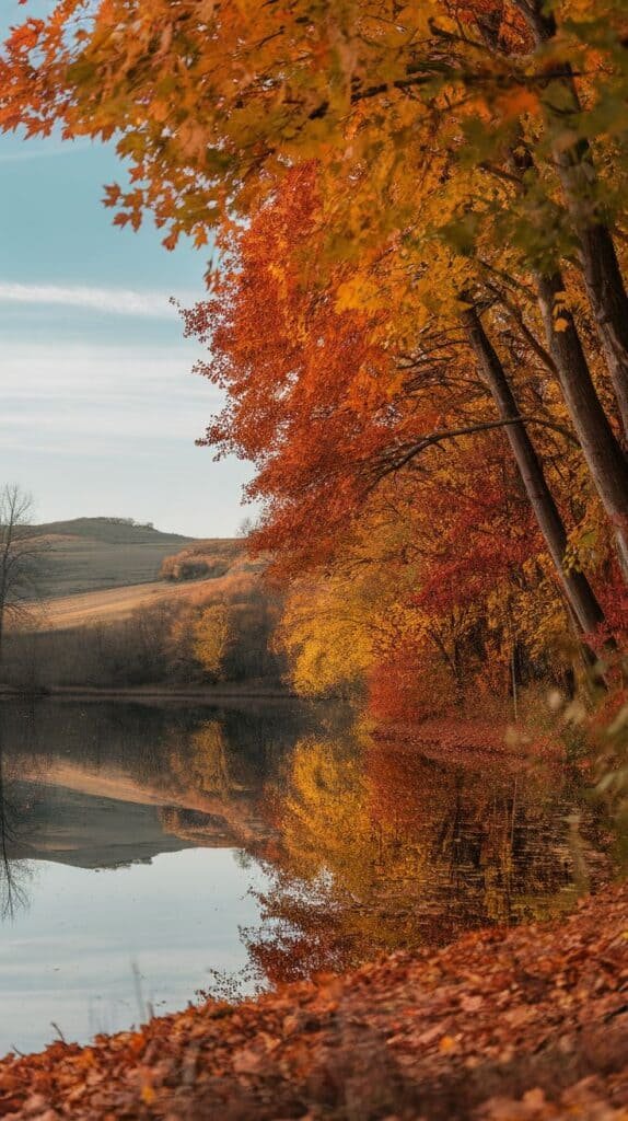 Vibrant autumn landscape featuring colorful trees with orange and yellow leaves reflecting in a calm lake, surrounded by rolling hills under a clear blue sky.