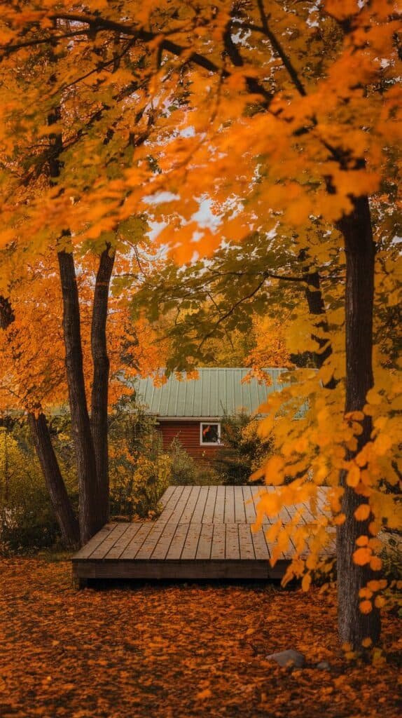 A serene wooden deck surrounded by vibrant autumn foliage, showcasing brilliant orange and yellow leaves against a backdrop of a rustic cabin with a green roof.