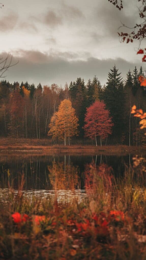 Autumn landscape featuring vibrant orange and red trees reflecting in a calm lake, surrounded by dense evergreen forest under a cloudy sky.