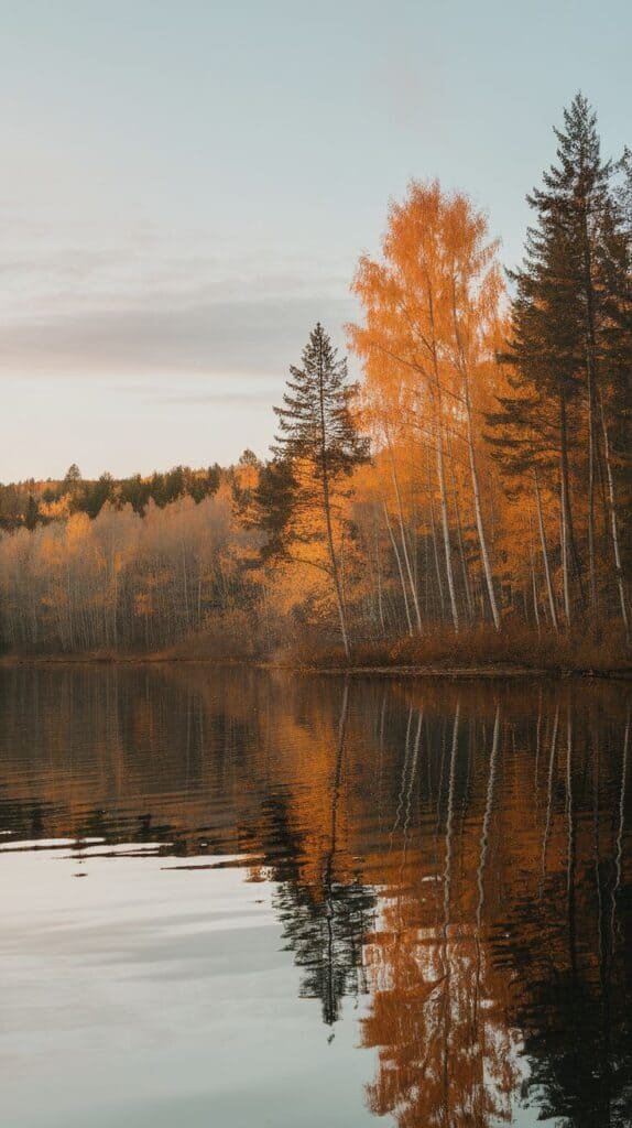 Scenic autumn landscape featuring vibrant orange and yellow trees reflected in a calm lake, surrounded by evergreen trees and a clear sky.