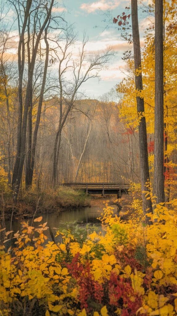 Scenic autumn landscape featuring vibrant yellow and orange foliage, a calm stream, and a wooden bridge surrounded by tall trees under a cloudy sky.