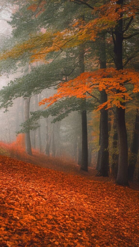 Autumn forest scene featuring vibrant orange leaves covering the ground and trees, shrouded in a gentle fog, creating a tranquil and picturesque atmosphere.