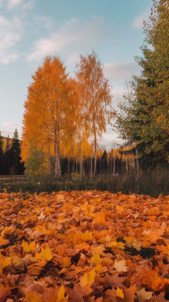 Vibrant autumn scene featuring golden birch trees against a clear sky, with a carpet of colorful fallen leaves in shades of orange and yellow covering the ground.