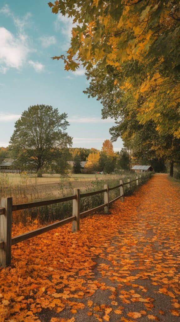 Scenic autumn pathway lined with a wooden fence, covered in vibrant orange and yellow fallen leaves, surrounded by lush trees and a clear blue sky.