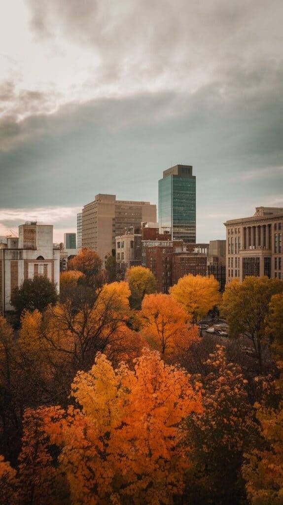 City skyline with autumn foliage in vibrant orange and yellow hues, showcasing modern buildings against a cloudy sky.