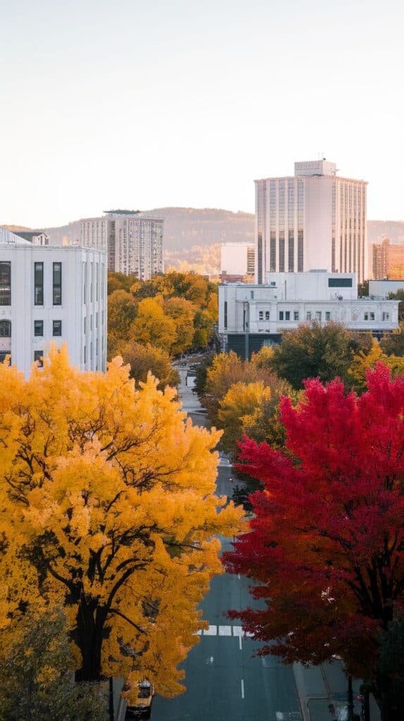 Vibrant autumn cityscape featuring colorful trees with bright yellow and red leaves lining a street, against a backdrop of modern buildings and distant mountains.