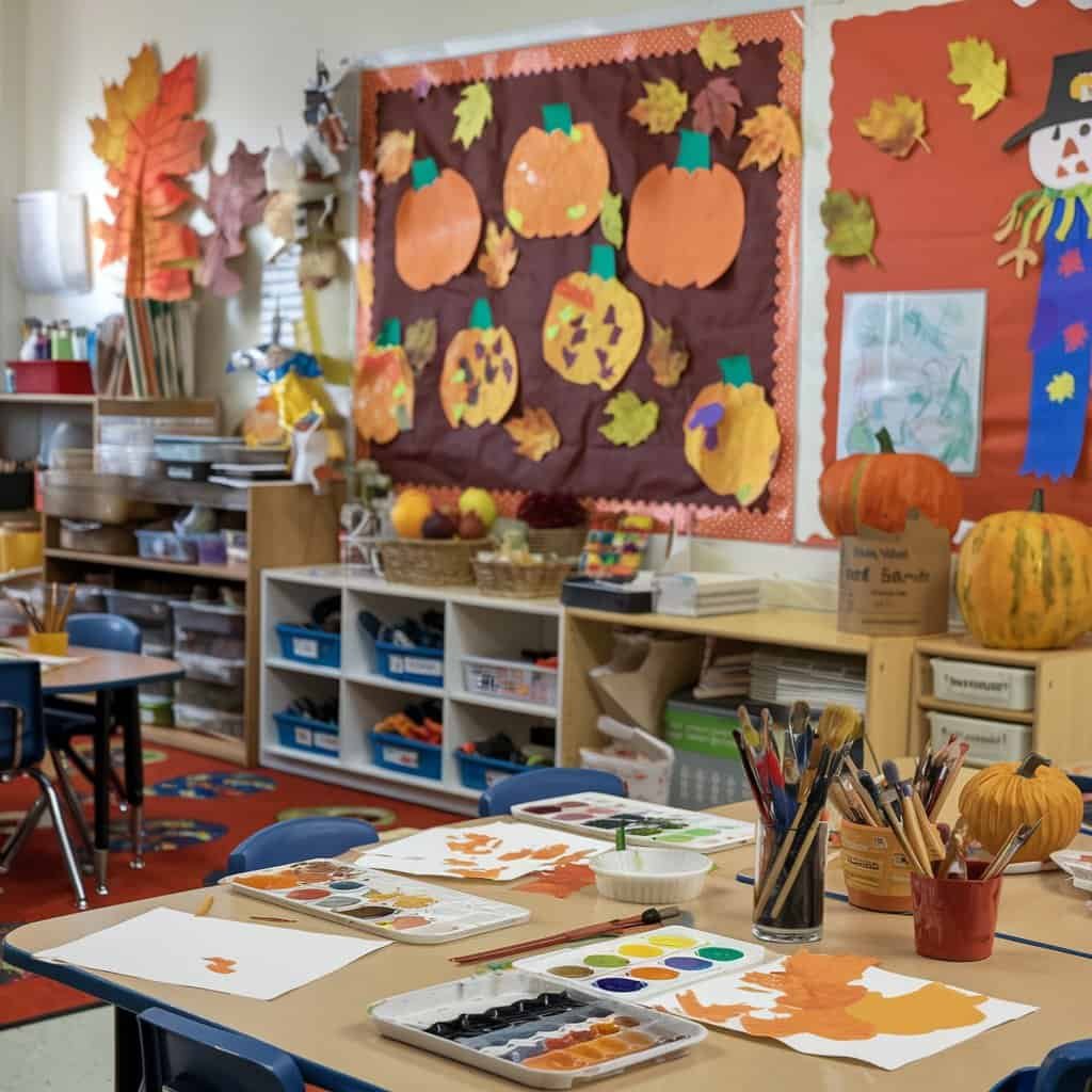 Colorful autumn-themed classroom with decorated walls featuring pumpkins and fall leaves, art supplies on tables, and a cozy learning environment for children.