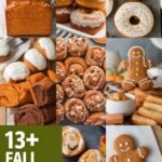 A collage of fall-themed baked goods including pumpkin bread, cinnamon rolls, donuts, gingerbread cookies, and various pastries, showcasing over 13 delicious recipes perfect for autumn.