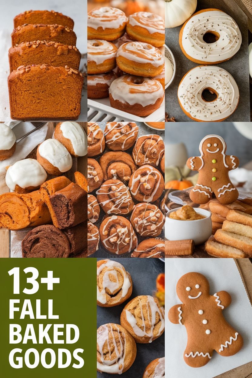 A collage of fall-themed baked goods including pumpkin bread, cinnamon rolls, donuts, gingerbread cookies, and various pastries, showcasing over 13 delicious recipes perfect for autumn.