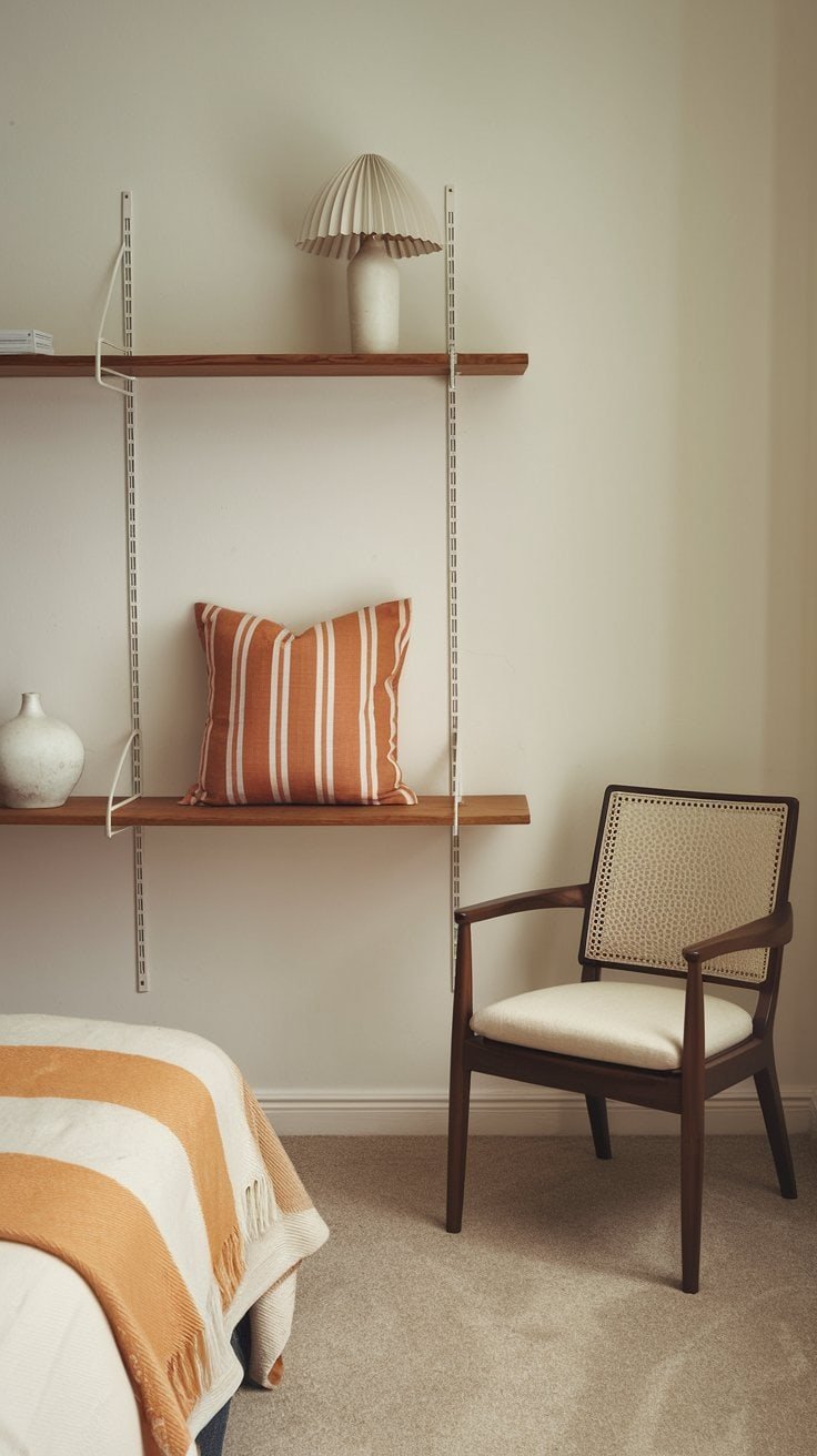 Modern interior design featuring a minimalist shelf with a striped orange and white pillow, a decorative vase, and a stylish wooden chair against a neutral wall.