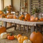 Autumn harvest table setting adorned with various pumpkins, gourds, and seasonal decorations, featuring a rustic wooden table and chairs, creating a warm and inviting atmosphere for fall gatherings.