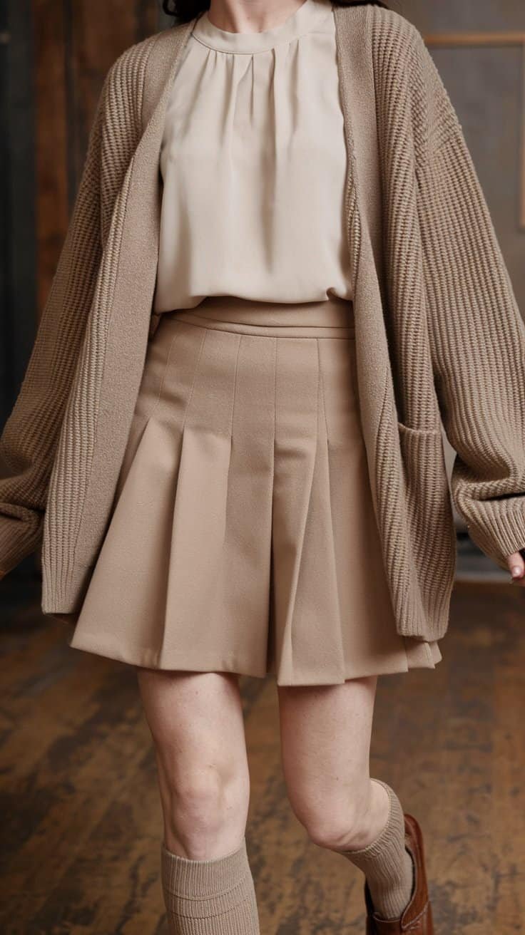 Woman wearing a stylish beige pleated skirt paired with a cozy oversized cardigan, showcasing a trendy fall outfit.