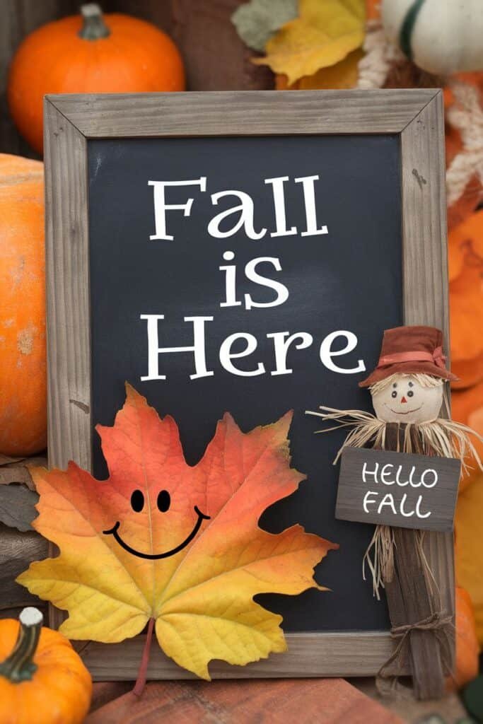 Colorful fall-themed decoration featuring a chalkboard sign that reads "Fall is Here," accompanied by a smiling leaf and a scarecrow holding a sign that says "Hello Fall," set against a backdrop of pumpkins and autumn leaves.