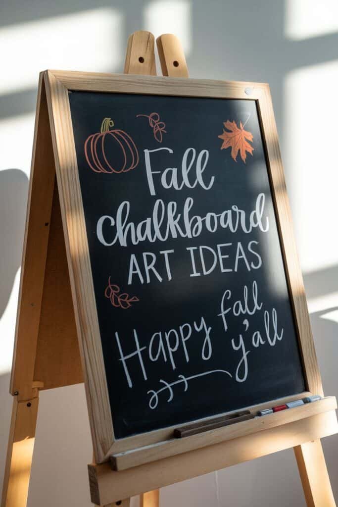 Chalkboard displaying fall art ideas with a pumpkin and leaf illustrations, featuring the text "Fall Chalkboard Art Ideas" and "Happy fall y'all" in decorative lettering. Ideal for autumn-themed decor inspiration.