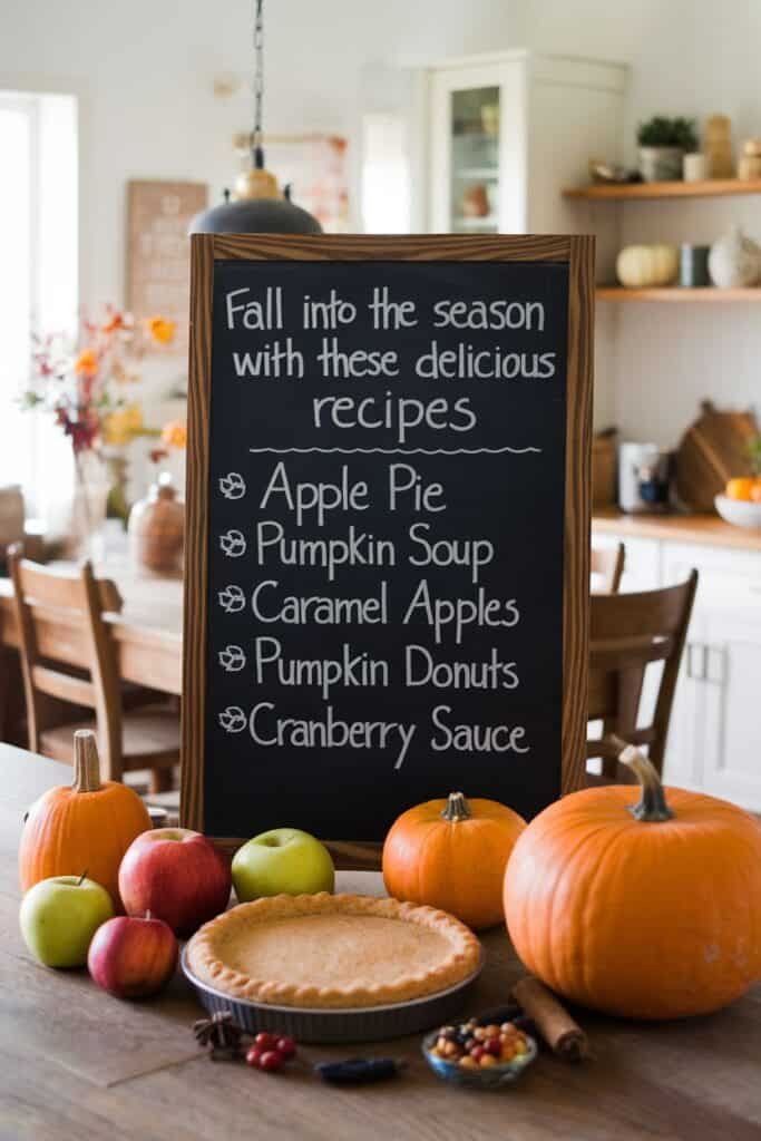 Chalkboard displaying fall recipes including apple pie, pumpkin soup, caramel apples, pumpkin donuts, and cranberry sauce, surrounded by pumpkins and apples on a rustic wooden table.