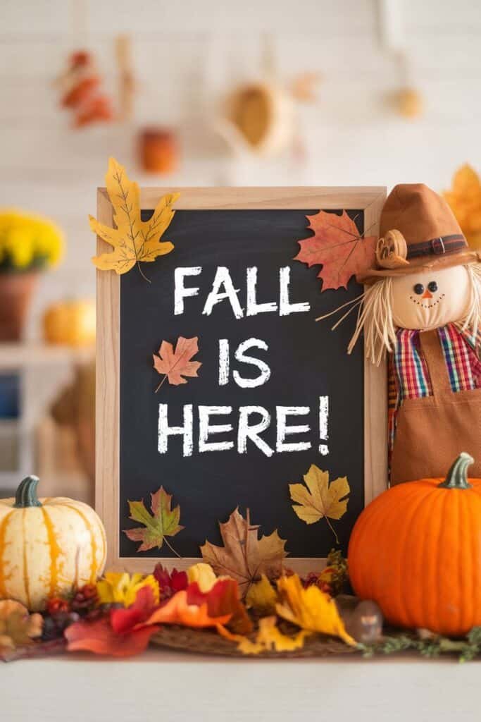 Autumn-themed display featuring a chalkboard sign that reads "Fall is Here!" surrounded by colorful leaves, pumpkins, and a scarecrow, capturing the essence of the fall season.