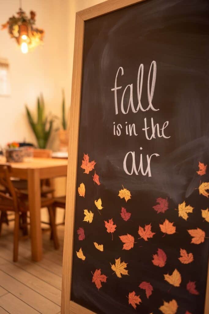 Chalkboard sign displaying the phrase "fall is in the air" surrounded by colorful autumn leaves, set in a cozy indoor environment with wooden furniture.