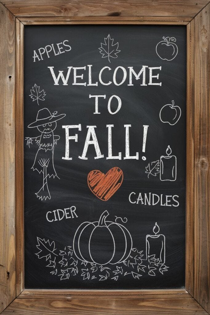 Chalkboard sign welcoming fall, featuring illustrations of apples, a pumpkin, a scarecrow, candles, and the phrase "Welcome to Fall!" with decorative autumn leaves and a heart symbol.