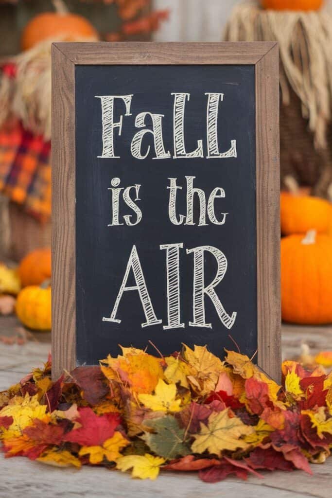 Chalkboard sign with the phrase "Fall is the Air," surrounded by colorful autumn leaves and pumpkins, creating a festive fall atmosphere.