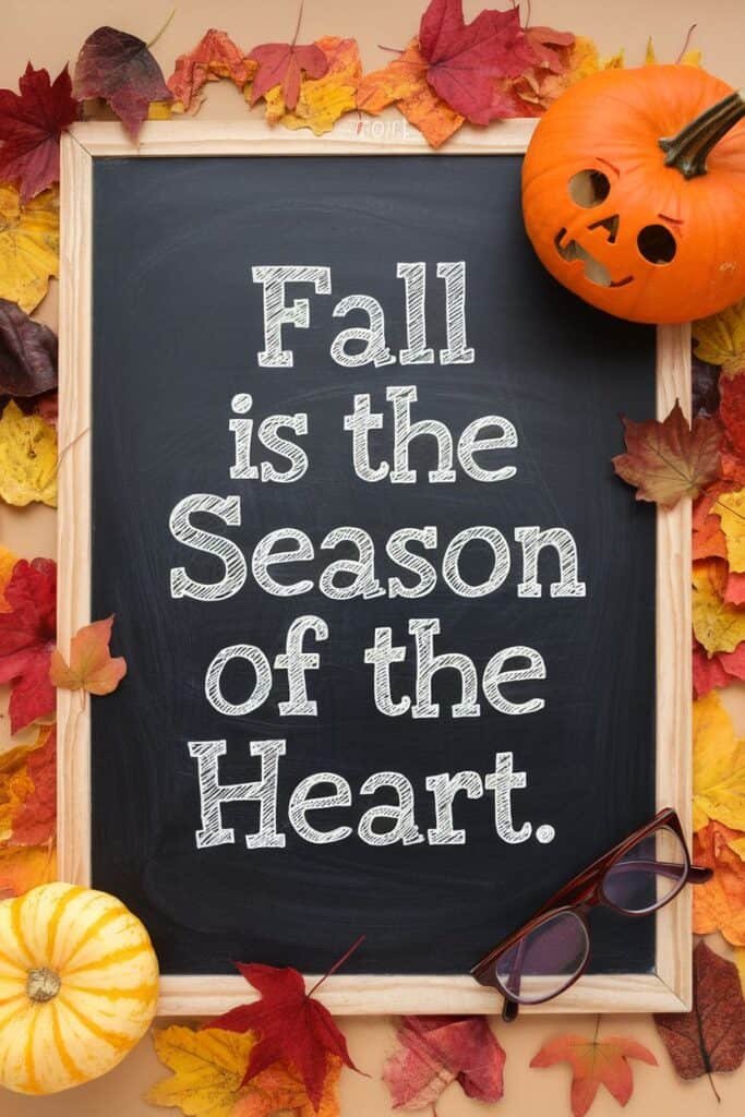 Chalkboard with the phrase "Fall is the Season of the Heart" surrounded by colorful autumn leaves, a carved pumpkin, and decorative gourds, capturing the essence of fall festivities and seasonal decor.