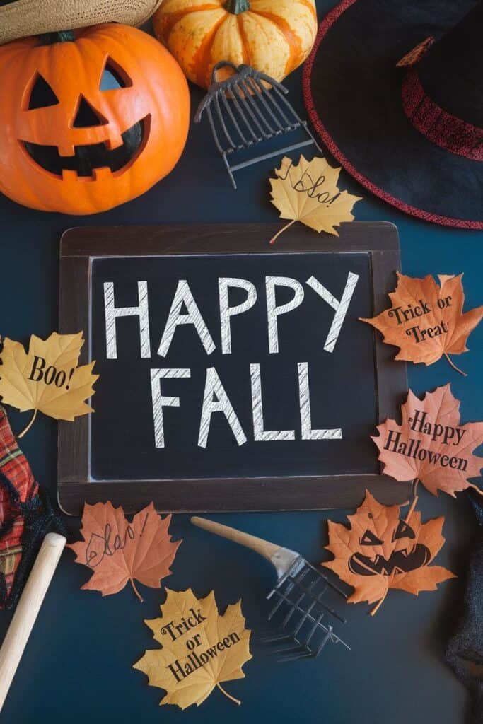 Autumn-themed flat lay featuring a carved pumpkin, colorful leaves with Halloween phrases, a witch's hat, and a gardening tool, centered around a chalkboard displaying "Happy Fall."