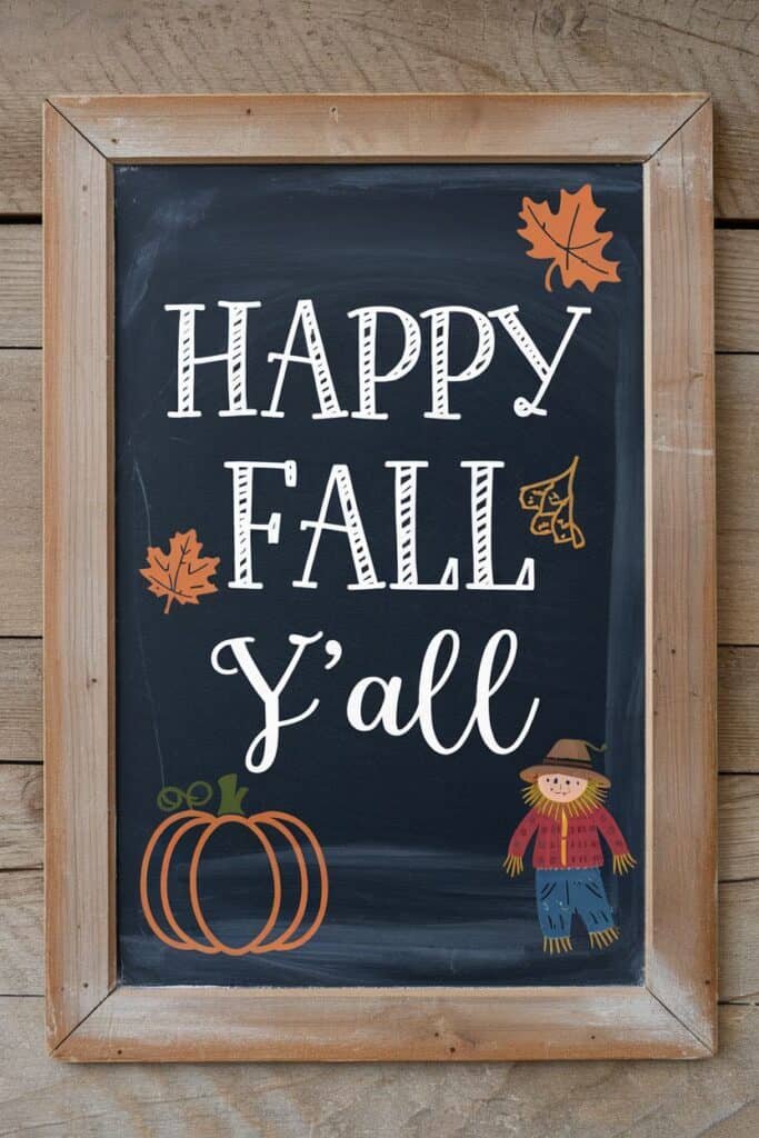 Chalkboard sign with the text "Happy Fall Y'all," decorated with autumn leaves, a pumpkin, and a scarecrow, set against a rustic wooden background.