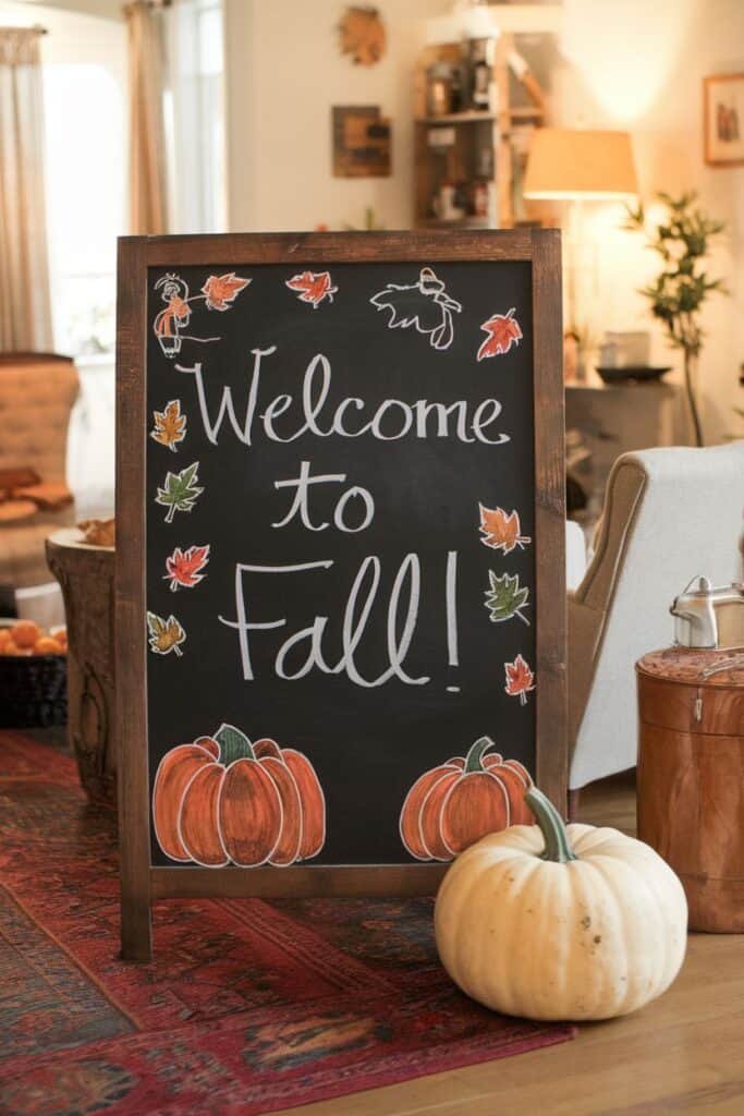 Chalkboard sign welcoming guests to fall, decorated with colorful autumn leaves and pumpkins, set in a cozy indoor environment with warm lighting and rustic furnishings.