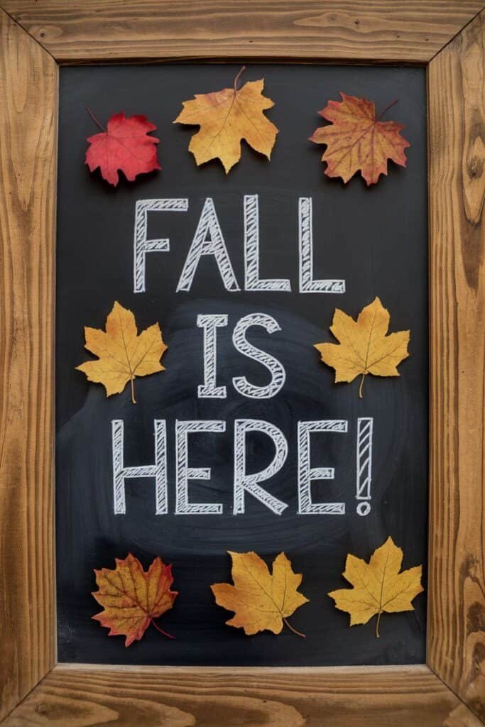 Chalkboard sign displaying the phrase "Fall is Here!" surrounded by colorful autumn leaves in red, orange, and yellow, with a rustic wooden frame.