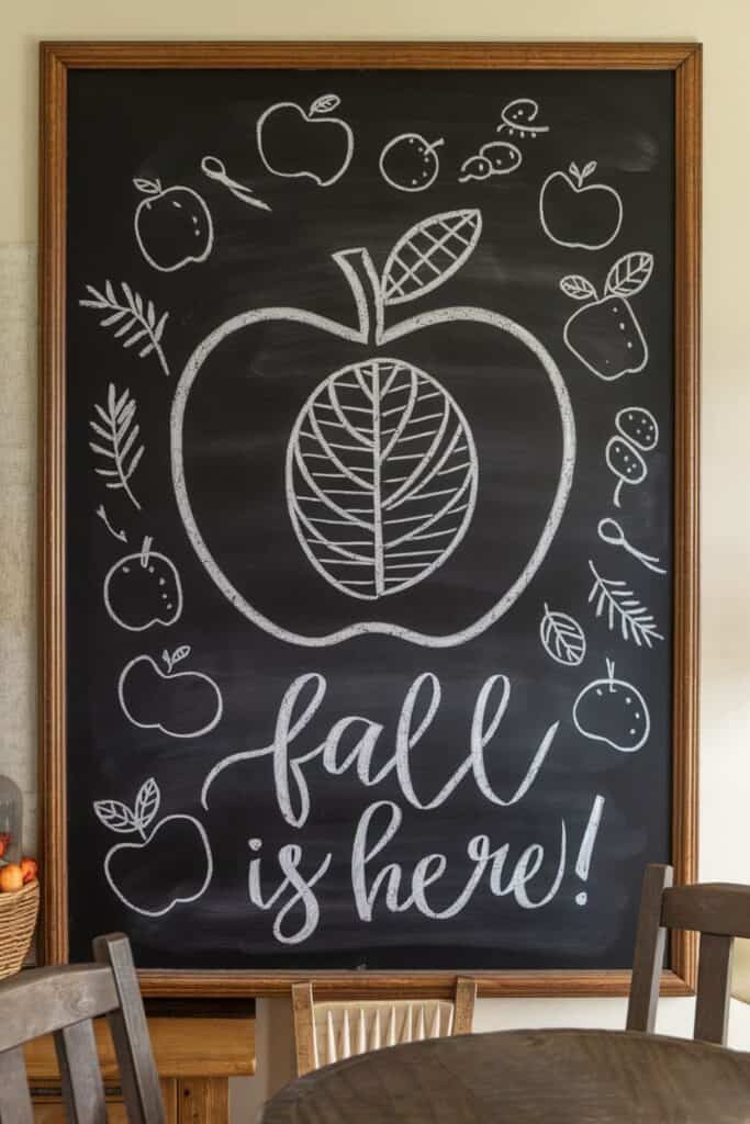 Chalkboard art featuring a large apple illustration and the phrase "fall is here!" surrounded by smaller fruit and leaf drawings, creating a cozy autumn-themed decor.