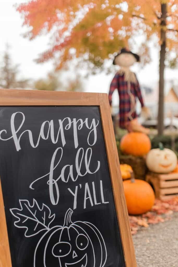 Chalkboard sign displaying "Happy Fall Y'all" with a smiling pumpkin illustration, surrounded by colorful autumn leaves, pumpkins, and a scarecrow in a festive fall setting.