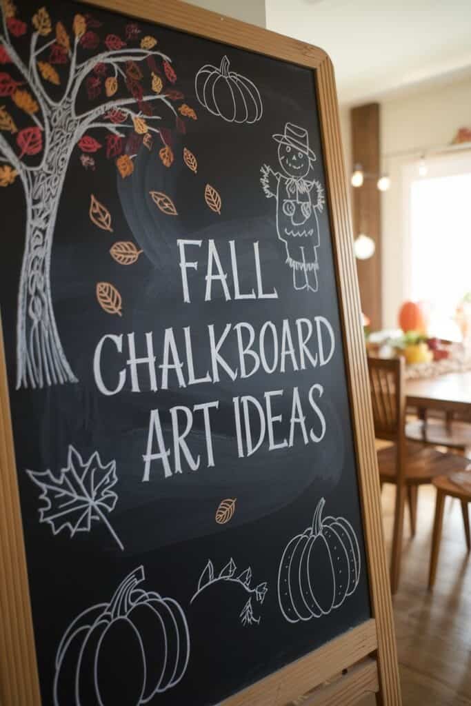 Chalkboard displaying creative fall art ideas, featuring illustrations of autumn leaves, pumpkins, and a scarecrow, set in a cozy dining area.