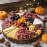 A beautifully arranged charcuterie board featuring a variety of cheeses, cured meats, fresh fruits, nuts, and garnishes, surrounded by decorative pumpkins and fairy lights, perfect for fall gatherings and entertaining.