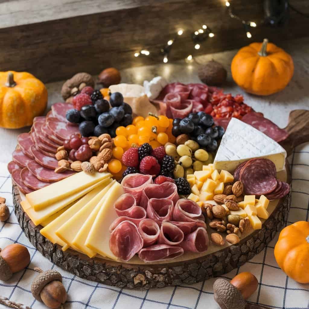 A beautifully arranged charcuterie board featuring a variety of cheeses, cured meats, fresh fruits, nuts, and garnishes, surrounded by decorative pumpkins and fairy lights, perfect for fall gatherings and entertaining.