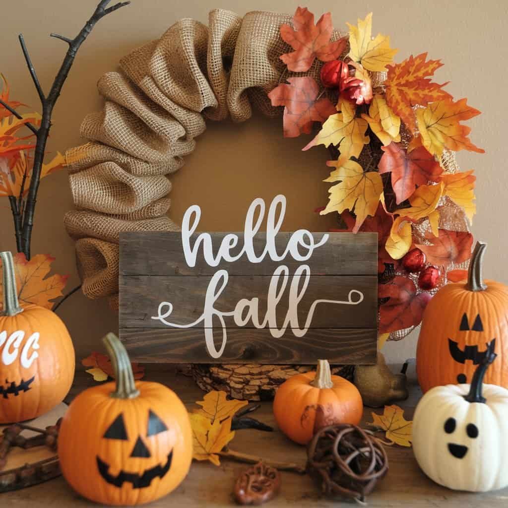 Autumn-themed decor featuring a burlap wreath adorned with colorful leaves, a wooden sign that reads "hello fall," and various pumpkins, including carved jack-o'-lanterns and decorative white pumpkins, set against a warm background.