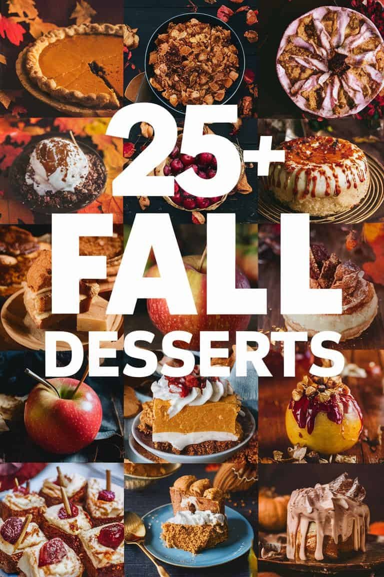 A collage of 25+ fall desserts featuring pumpkin pie, apple desserts, caramel treats, and various sweet treats, surrounded by autumn leaves and seasonal decorations. Perfect for celebrating the flavors of fall.