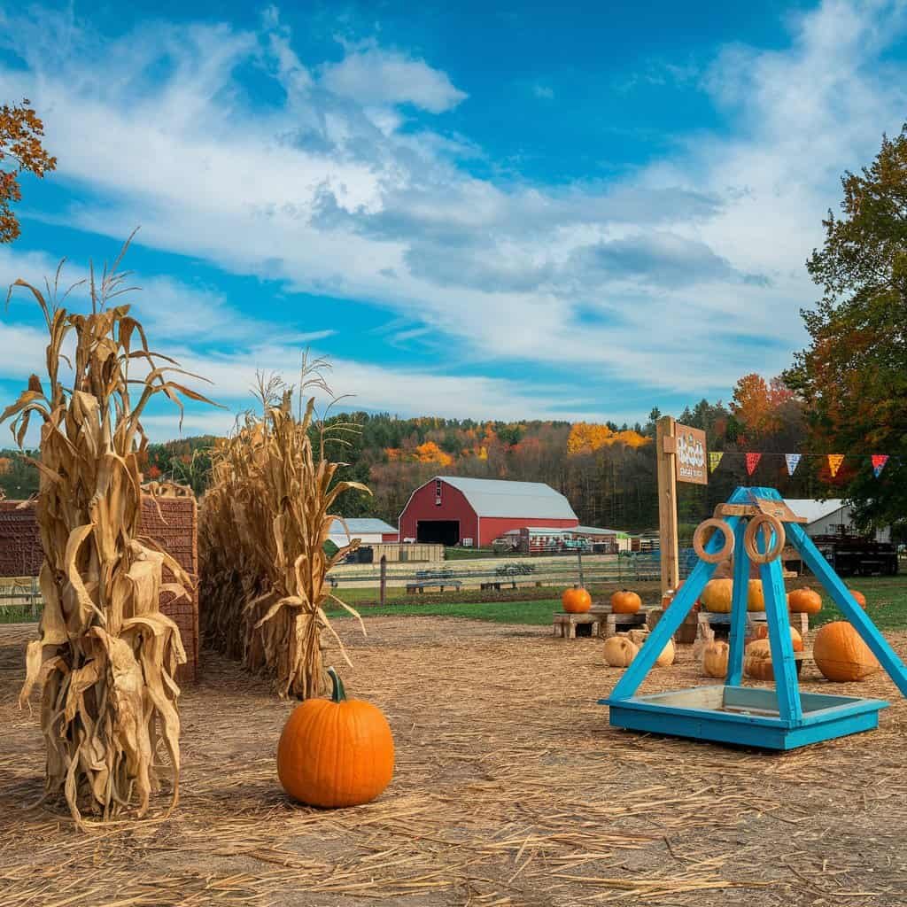 Colorful autumn scene at a pumpkin patch featuring bright orange pumpkins, dry corn stalks, and a playful blue swing set, with a red barn and scenic hills in the background under a clear blue sky.