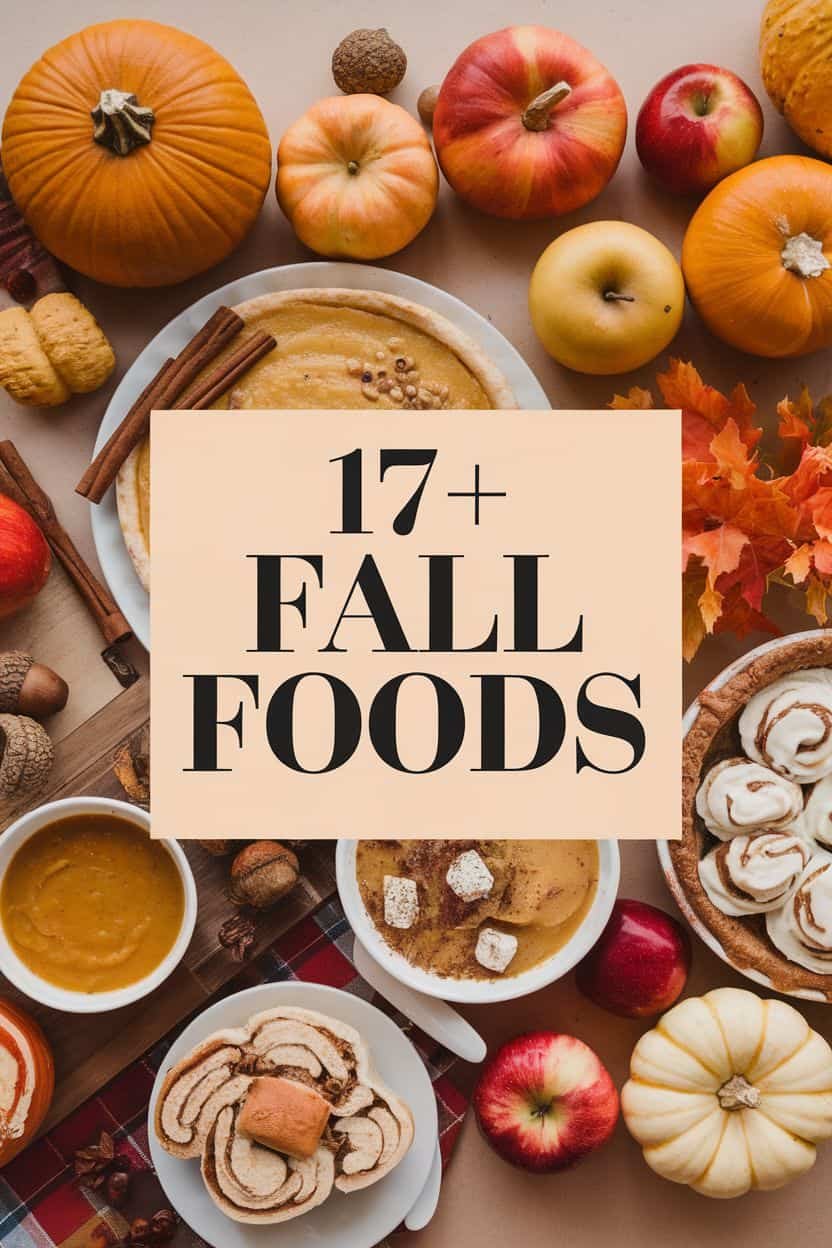 A flat lay of various fall foods including pumpkins, apples, cinnamon sticks, and a bowl of pumpkin puree, with the text "17+ Fall Foods" displayed prominently in the center.