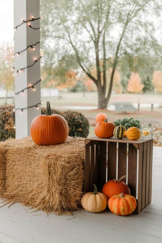 Autumn-themed display featuring various pumpkins arranged on hay bales and a wooden crate, with fall foliage and string lights in the background, creating a cozy seasonal atmosphere.