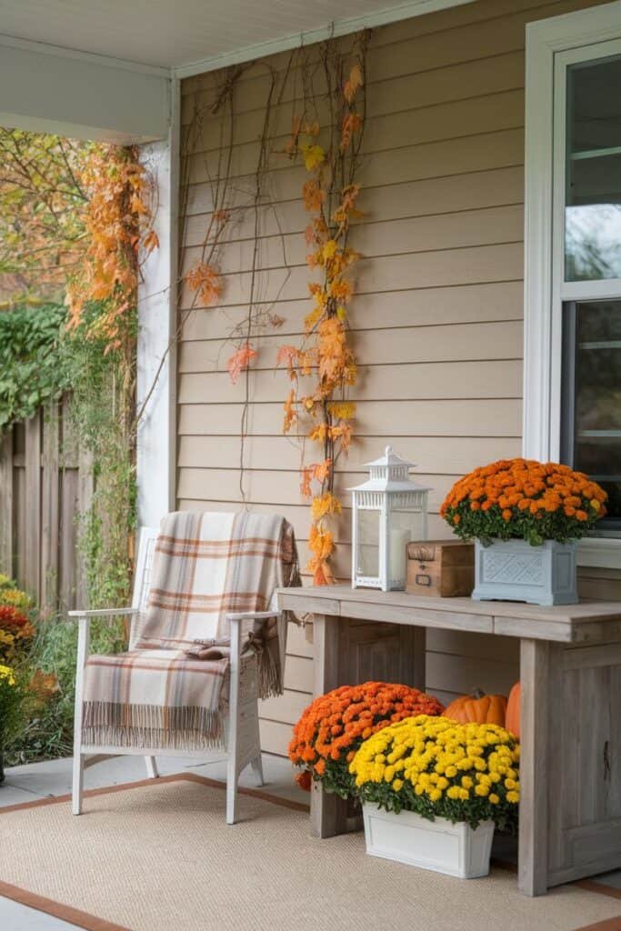 Cozy autumn porch featuring a white wicker chair draped with a plaid blanket, a rustic wooden table adorned with vibrant orange and yellow chrysanthemums, a decorative lantern, and a wooden box, all set against a backdrop of warm fall foliage on the walls.