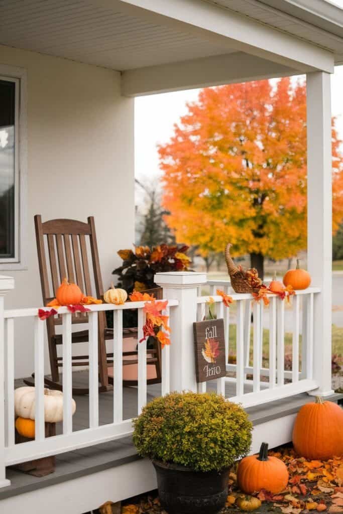 Cozy autumn porch decorated with pumpkins, colorful leaves, and a rustic rocking chair, showcasing vibrant fall foliage in the background.