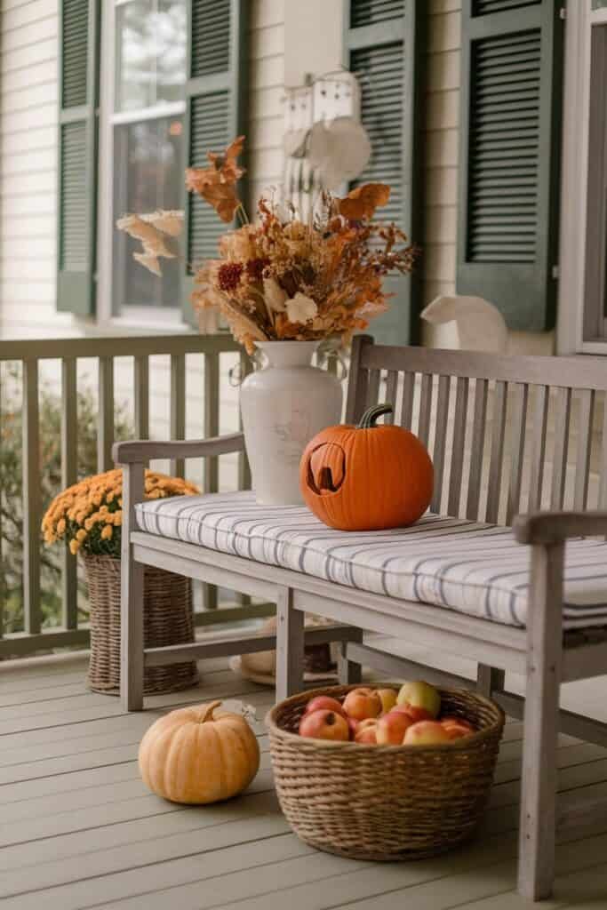 Cozy autumn porch featuring a wooden bench with a striped cushion, a carved pumpkin, a vase of dried flowers, and baskets of apples and chrysanthemums, creating a warm seasonal atmosphere.