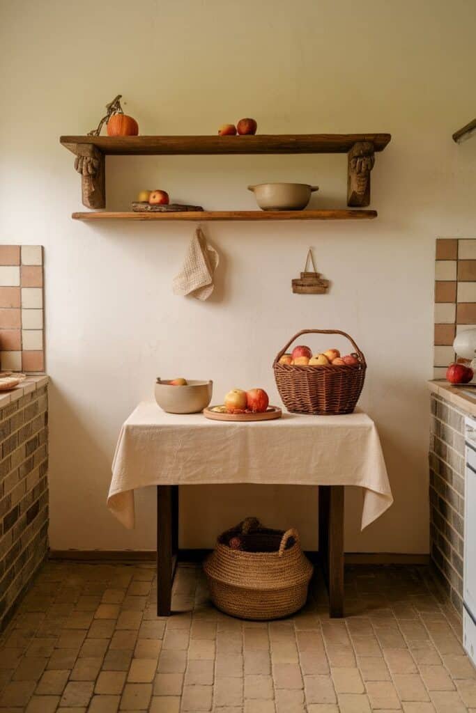 Cozy kitchen scene featuring a wooden table covered with a linen cloth, a bowl of apples, and a wicker basket filled with various apples. Shelves above display a pumpkin, additional apples, and a ceramic bowl, enhancing the rustic aesthetic of the space.