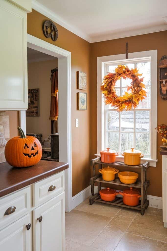 Cozy autumn kitchen featuring a carved pumpkin on a countertop, vibrant orange cookware on a wooden shelf, and a decorative fall wreath hanging in a window, complemented by warm brown walls and natural light.