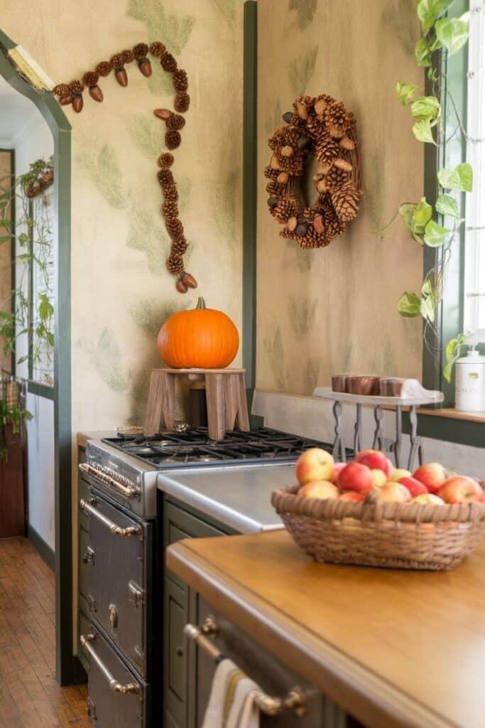 Cozy kitchen interior featuring a bright orange pumpkin on a wooden stool, surrounded by autumn-themed decor including pinecone garlands and wreaths. A basket of fresh apples sits on the countertop, highlighting a warm and inviting fall atmosphere.