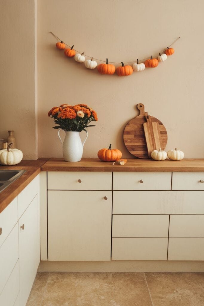 Cozy kitchen decor featuring a garland of orange and white pumpkins, a vase of vibrant orange flowers, and wooden cutting boards on a light-colored countertop.