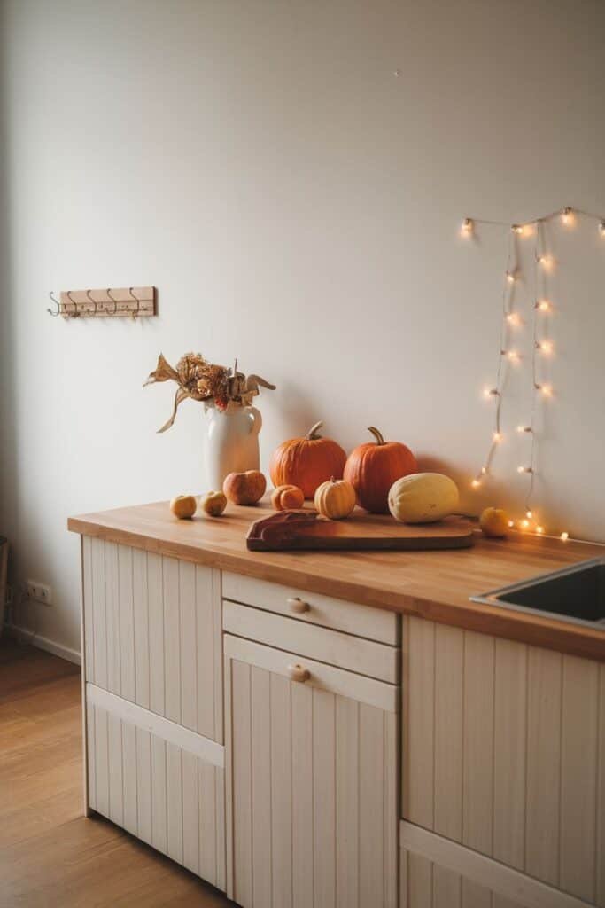 Cozy kitchen countertop decorated with pumpkins, apples, and a squash, featuring a wooden cutting board and a vase of dried flowers. Soft lighting adds warmth to the space.