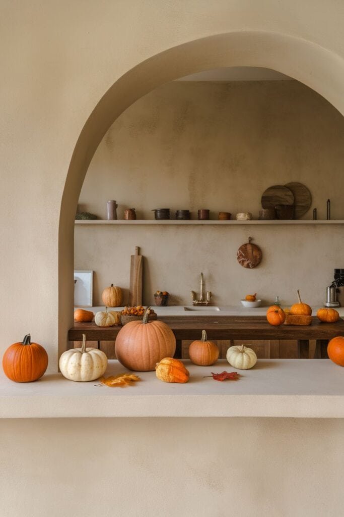 Cozy kitchen scene featuring a variety of pumpkins in orange and white hues, autumn leaves, and rustic kitchenware on a wooden countertop, with an archway leading to a minimalist shelf displaying pottery and utensils.