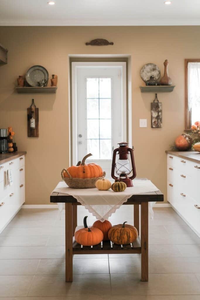 Cozy kitchen interior featuring a rustic wooden table adorned with a lace tablecloth, showcasing various pumpkins and a vintage lantern. Light-colored walls and stylish shelves add warmth, while a glass door allows natural light to brighten the space.