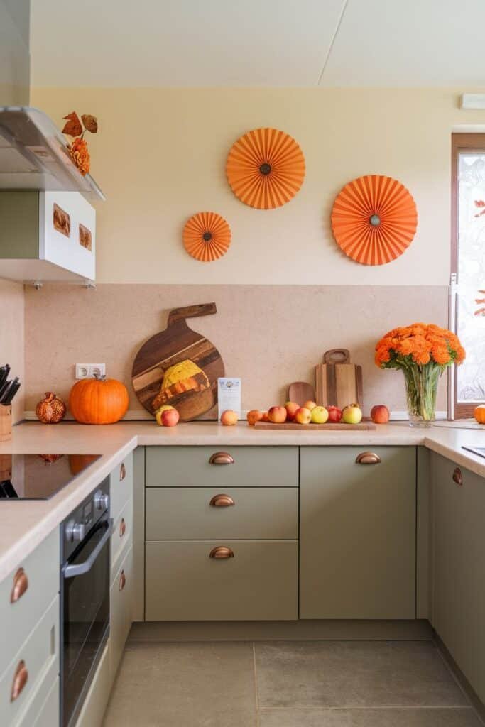 Modern kitchen interior featuring green cabinetry, a stone countertop, and decorative orange wall art. The space includes a wooden cutting board, fresh apples, and a vibrant bouquet of orange flowers, creating a cozy and inviting atmosphere.