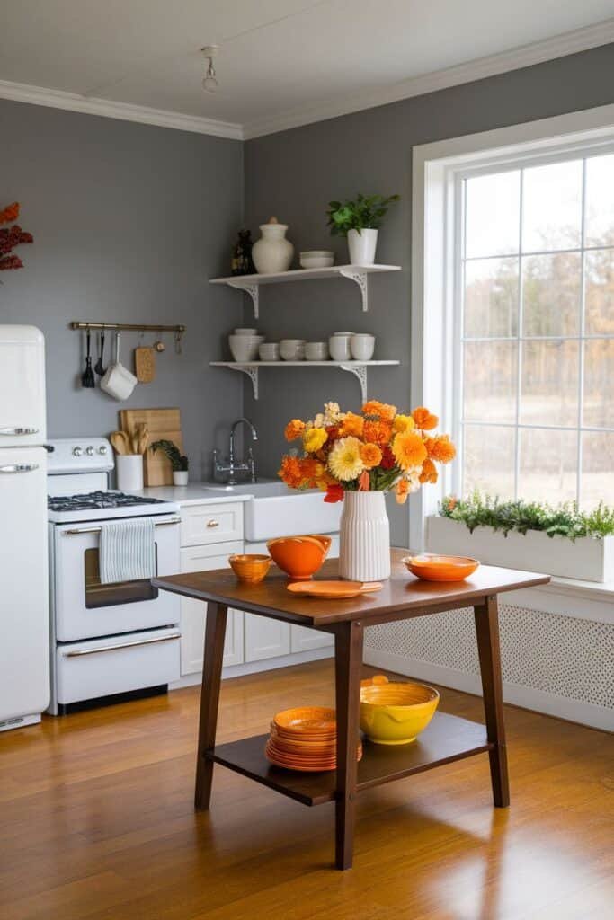 Bright and inviting kitchen scene featuring a wooden dining table adorned with vibrant orange and yellow floral arrangements in a white vase. The table is set with matching orange bowls and plates, surrounded by a modern kitchen with a white stove, refrigerator, and open shelving displaying dishware. Natural light streams in through a large window, enhancing the warm ambiance of the space.